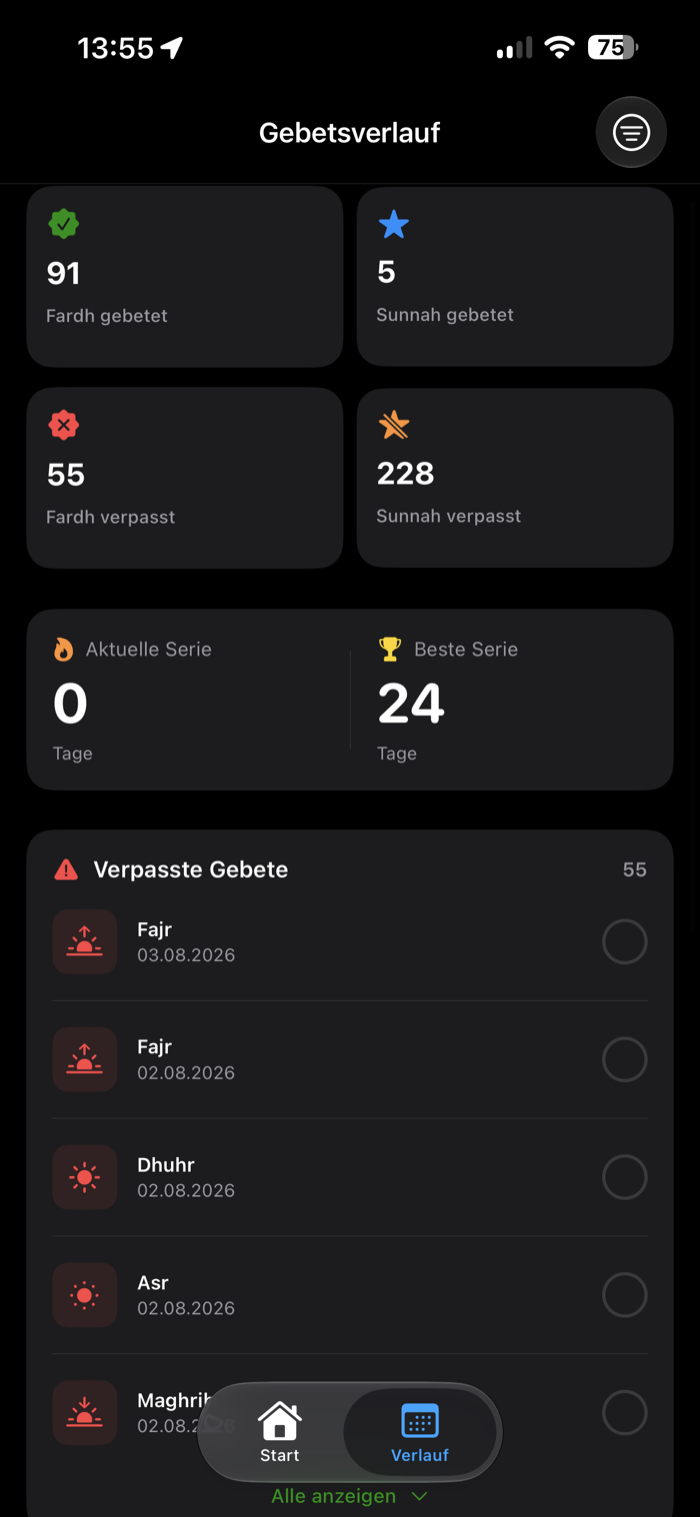 The History screen showing prayer statistics, current and best streak, and a list of missed prayers to make up
