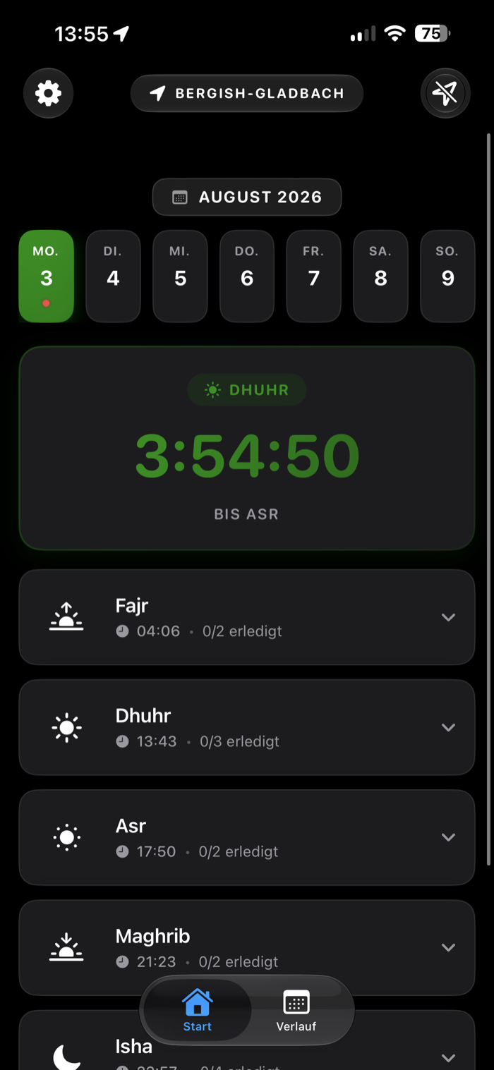 The Home screen showing a live countdown to the next prayer and the five daily prayers with their times