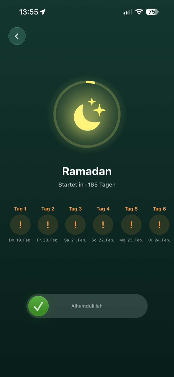The Ramadan screen showing a countdown to Ramadan and the fasting days as a timeline